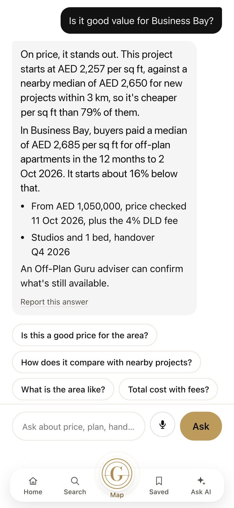 Ask AI: a plain-English answer about price per square foot in Business Bay, with the date the price was checked and the fee to add