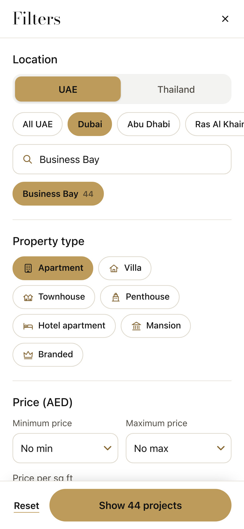Filters for location, property type and price